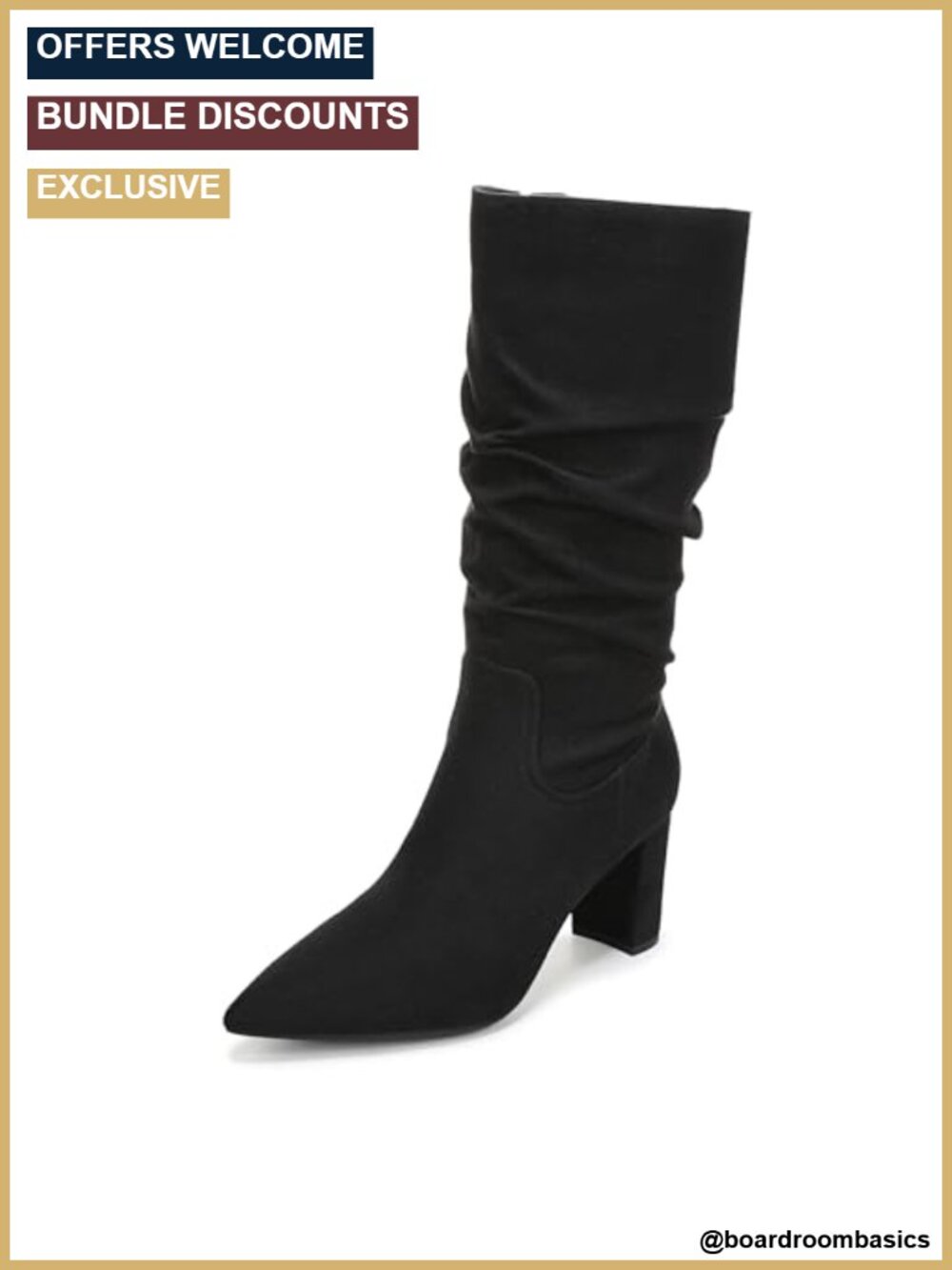 Wide Calf Tall Boot Pointed Toe Block Heel Ruched Zip